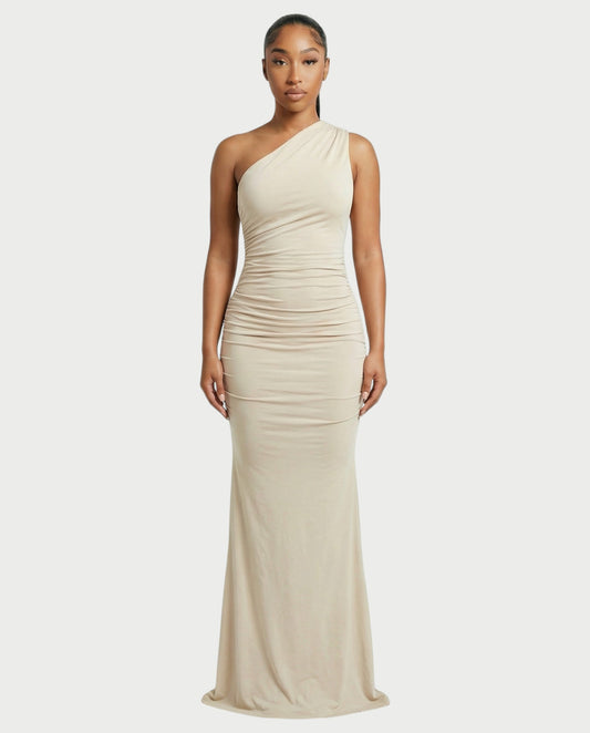 HANIMA One-Shoulder Ruched Maxi Dress